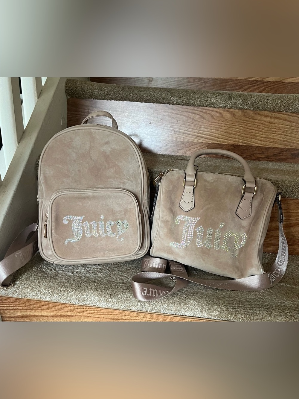 Juicy Couture Taupe Suede Backpack and Satchel Set with Crystal 'Juicy' Logo